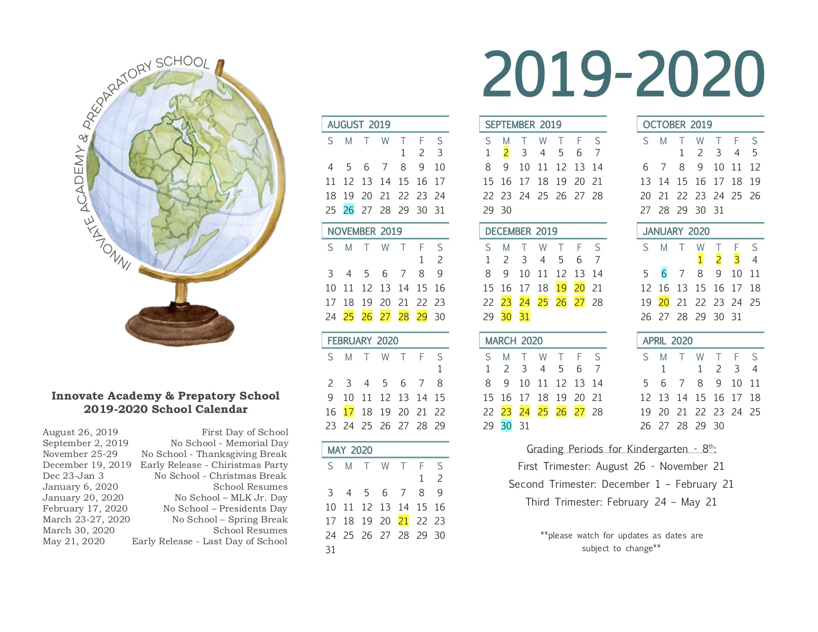 Innovate Academy Preparatory School 2019 2020 Calendar